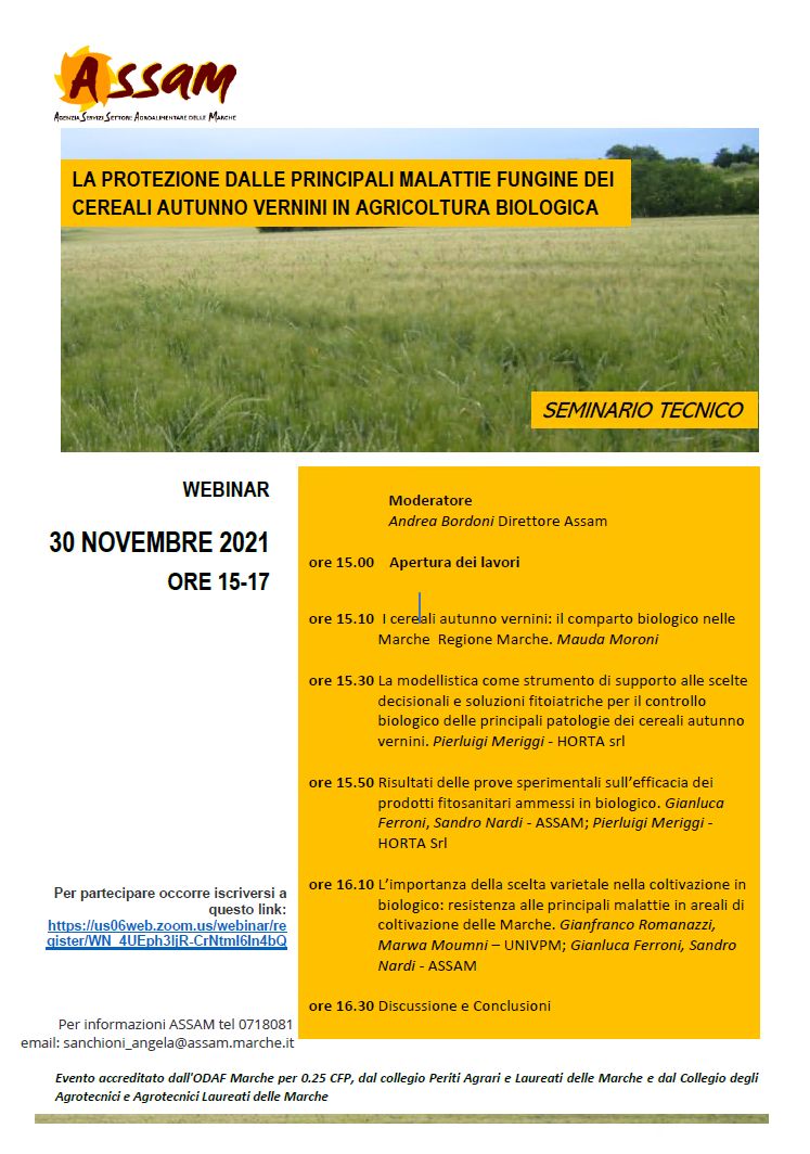 30/11/2021: Webinar “La protezione dalle principali malattie fungine dei cereali autunno vernini in agricoltura biologica”